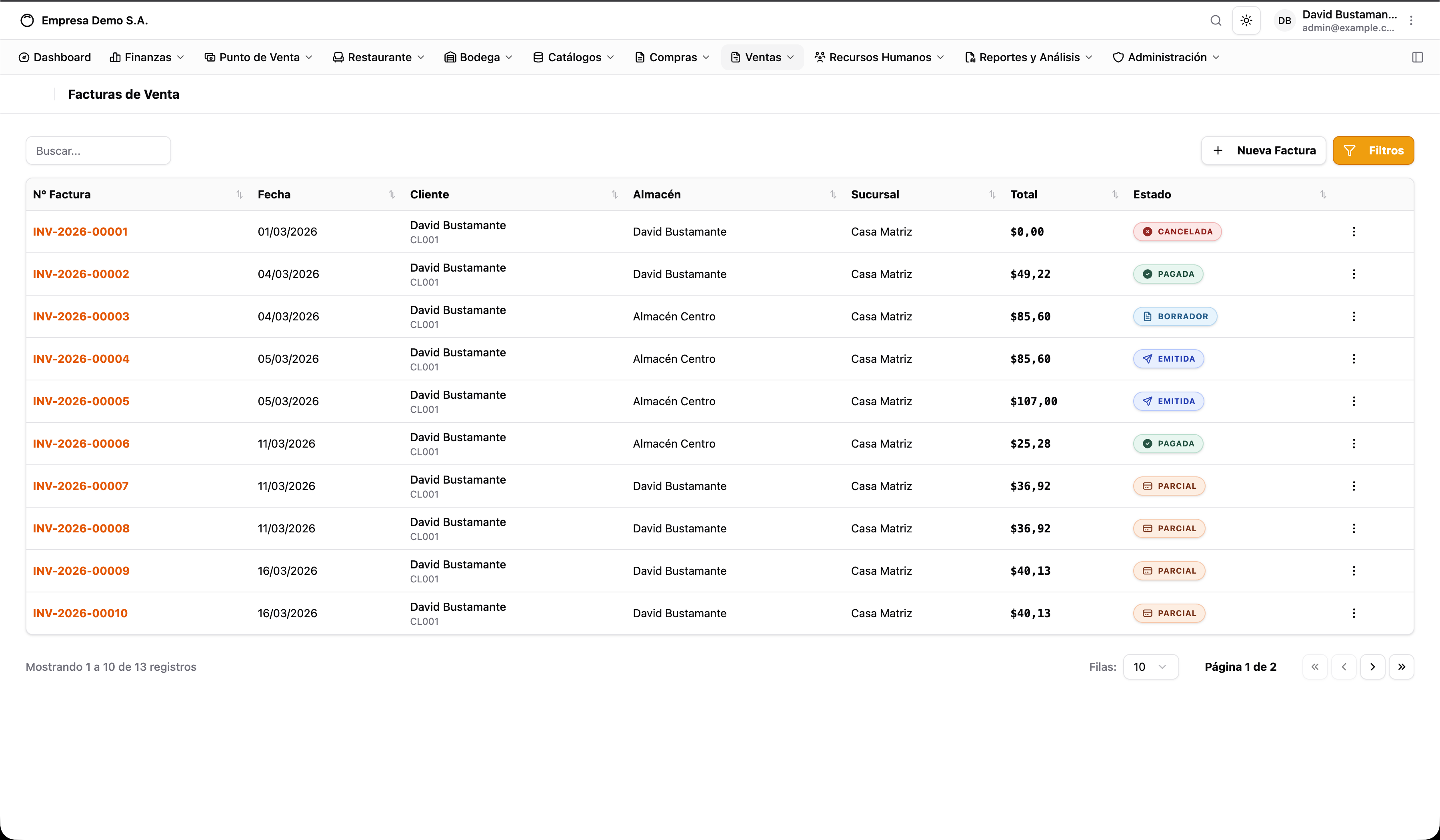 Detalle del listado de facturas de venta en CuadraERP
